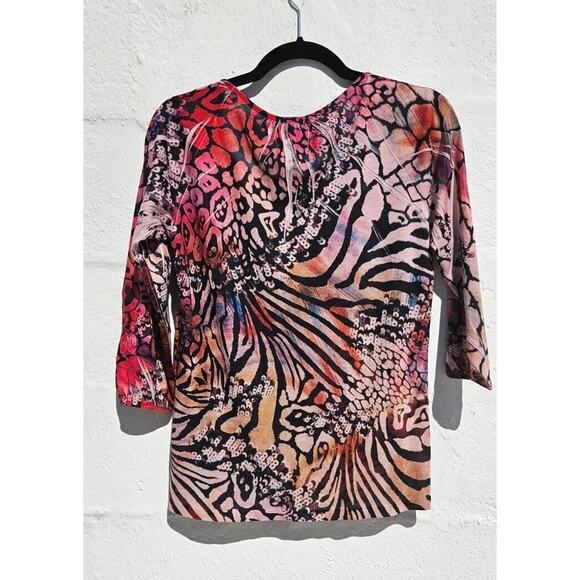 Chicos Womens Top Size 0 Small Pink Ombre Multicolor Embellished Animal Print - Picture 5 of 7